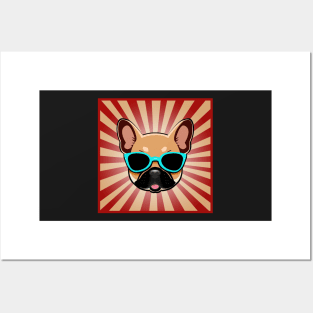 Brown Fawn French Bulldog in Blue Sunglasses Frenchie Dog Posters and Art